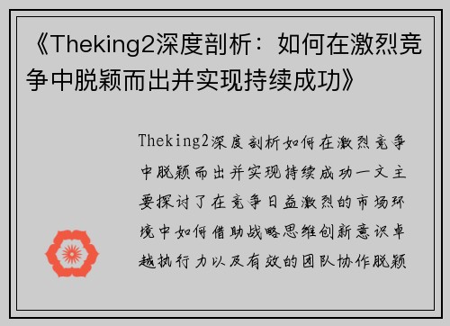 《Theking2深度剖析：如何在激烈竞争中脱颖而出并实现持续成功》