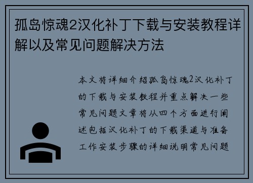 孤岛惊魂2汉化补丁下载与安装教程详解以及常见问题解决方法